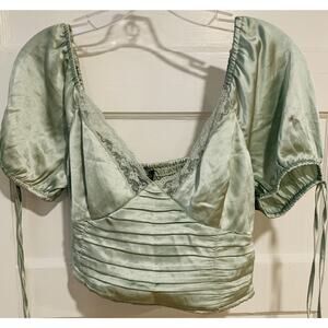 Forever 21 Sage Satiny Smocked lace trim Cami Top Large Milkmaid Fairycore